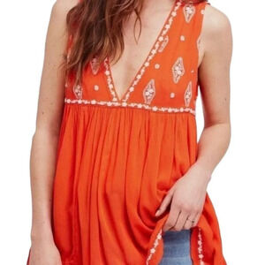 FREE PEOPLE Embroidered Raw Hem Orange Sleeveless Boho Babydoll Blouse